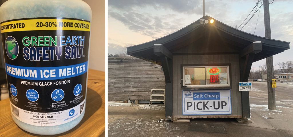 a jug of safety salt on a desk, and the entrance to the SaltCheap pickup depot.