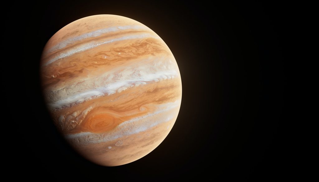 the planet Jupiter's colour bands floating in a dark sky