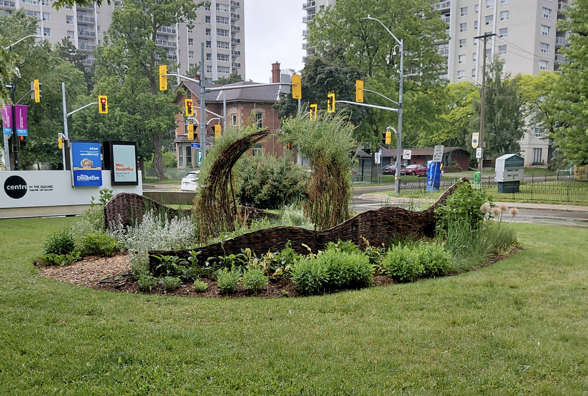 a garden featuring a living willow archway