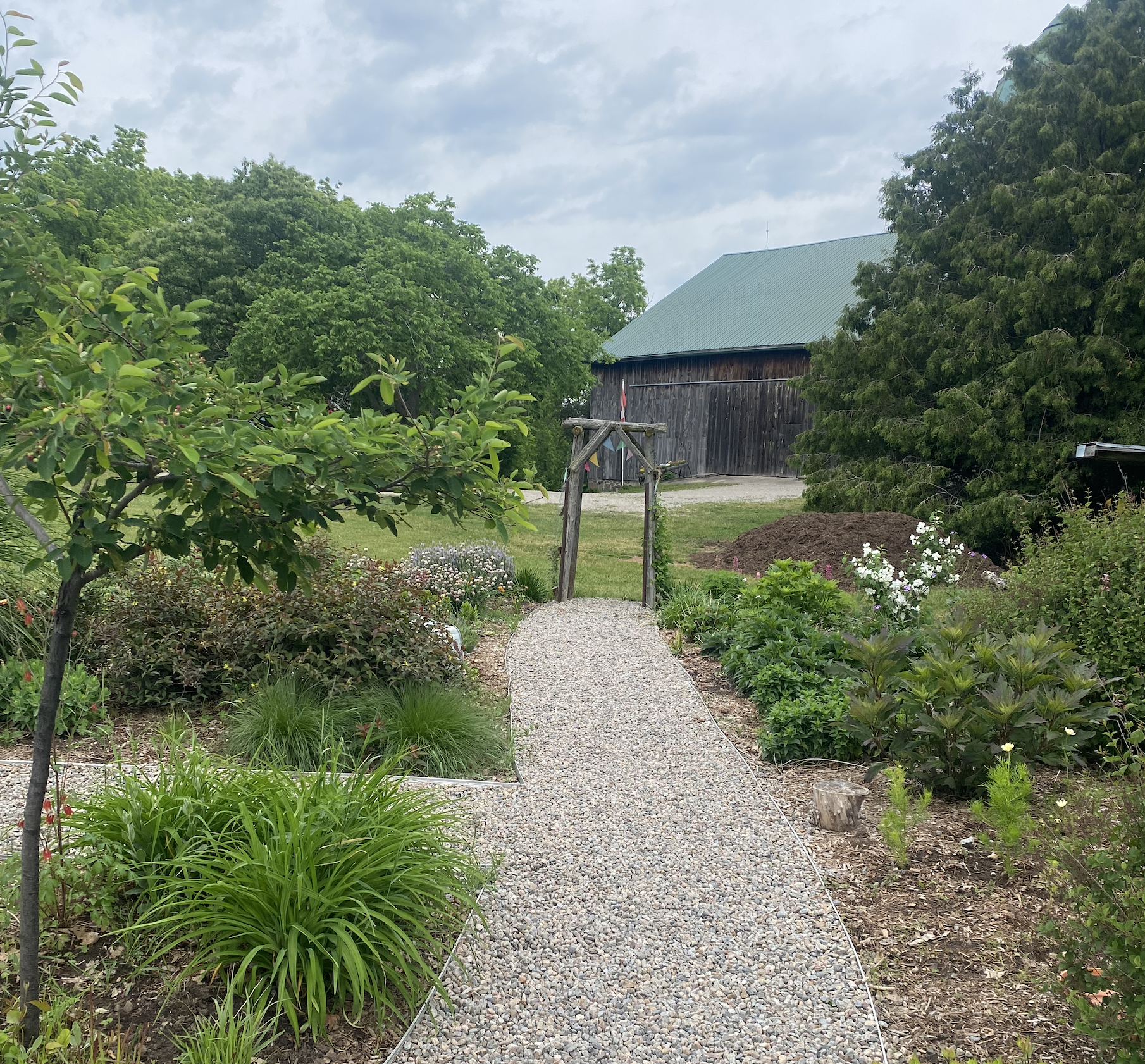 a path leading to a wooden archway surrounded by gardens and in front of a barn